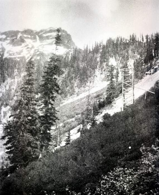 Looking up towards Mystery Hill with Tramway in the foreground. Justice Mine is located at the far right. Photo from the Phil Woodhouse Collection